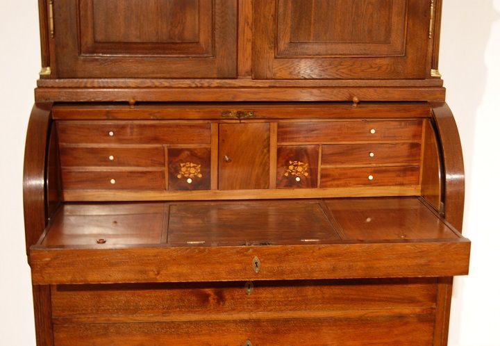 Antico trumeau a rullo stile impero del 1800 in rovere e mogano 