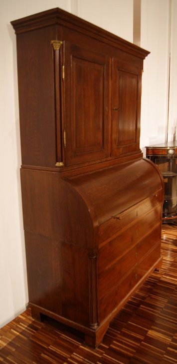 Antico trumeau a rullo stile impero del 1800 in rovere e mogano 