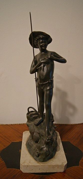Antique French metal sculpture from the 1800s depicting a fisherman