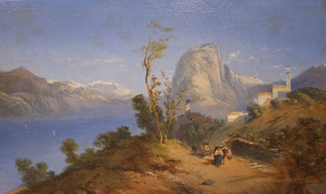 Olio su tela raffigurante paesaggio montano con lago 8365