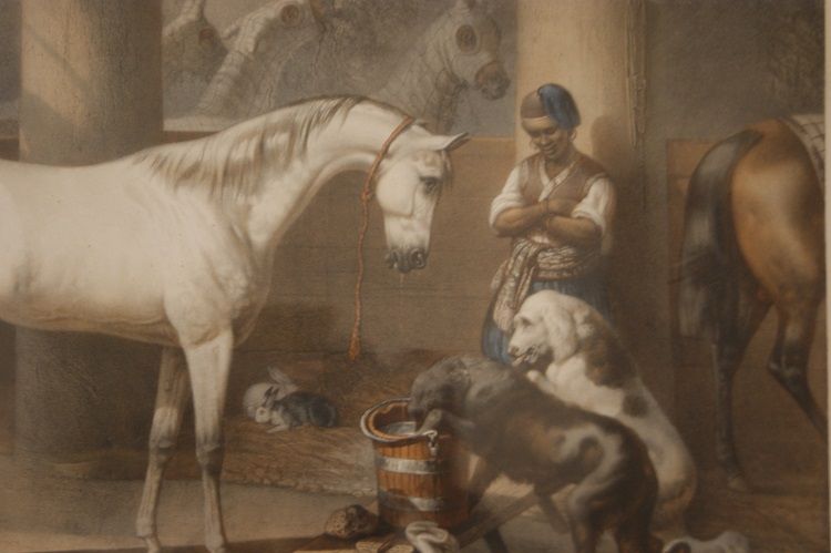 Antica stampa a colori francese del 1800 stalla con animali