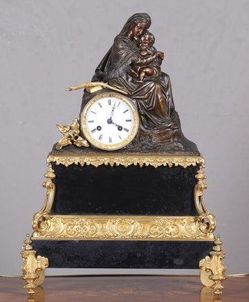 Antique French table mantel clock from the 1800s in bronze and marble