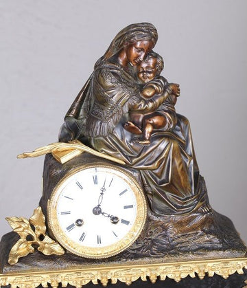 Antique French table mantel clock from the 1800s in bronze and marble