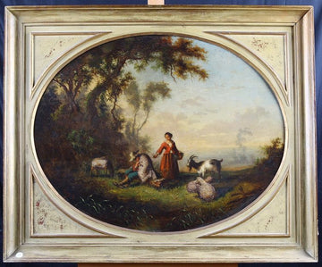 Huile sur panneau française des années 1800, paysage et personnages