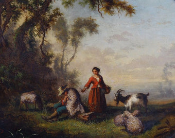Huile sur panneau française des années 1800, paysage et personnages