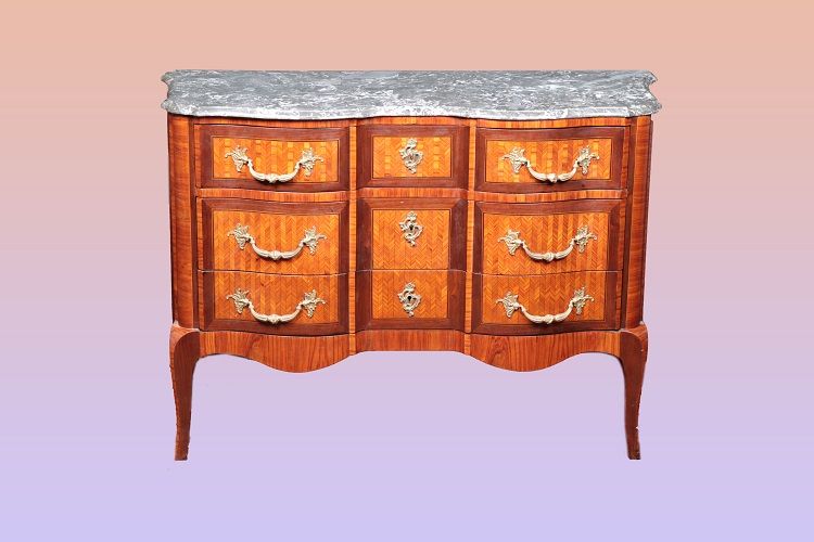 Antico comò francese del 1800 stile Luigi XV intarsiato con bronzi
