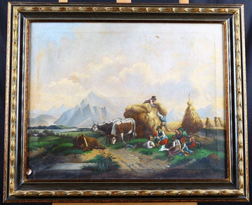 Antique oil painting on canvas from 1800. Country landscape with animals