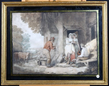 Aquarelle anglaise antique des années 1800 représentant la vie agricole