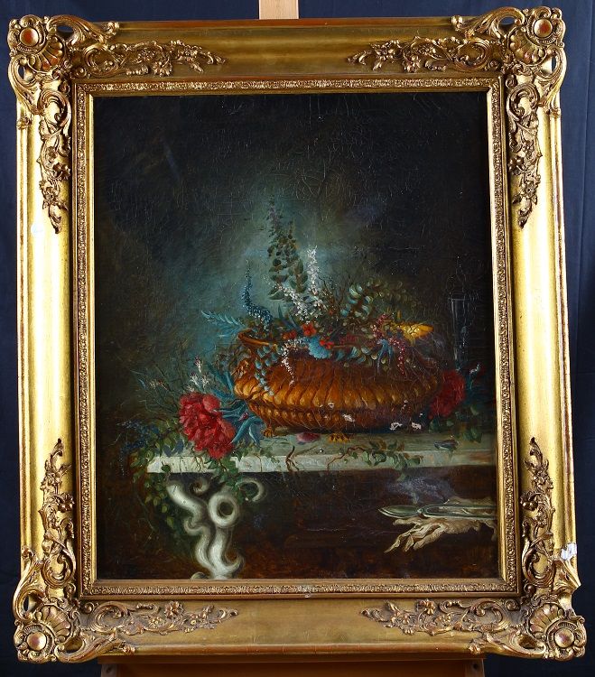 Antico quadro francese del 1800 olio su tela Natura morta e cornice
