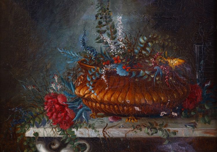 Antico quadro francese del 1800 olio su tela Natura morta e cornice