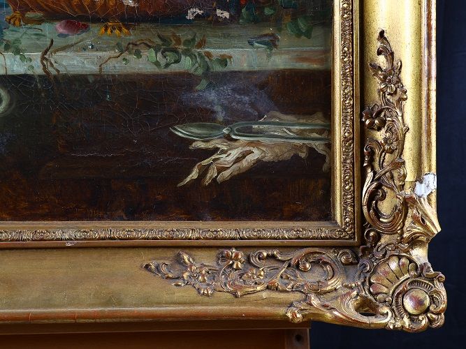 Antico quadro francese del 1800 olio su tela Natura morta e cornice