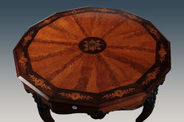 Antique French table from the 1800s, inlaid and carved Charles X style