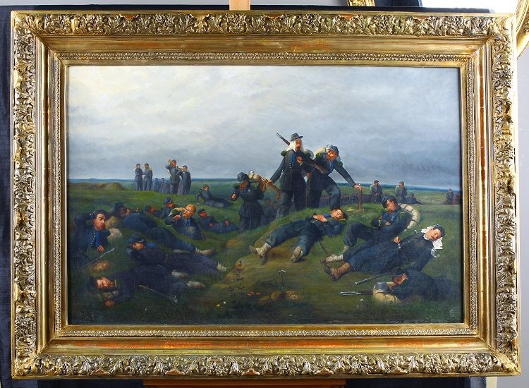 Tableau français ancien de 1800 huile sur toile "Soldats au repos"