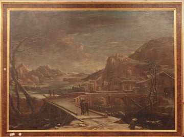 Grande huile antique sur toile de 1600 Europe du Nord, vue d'une ville