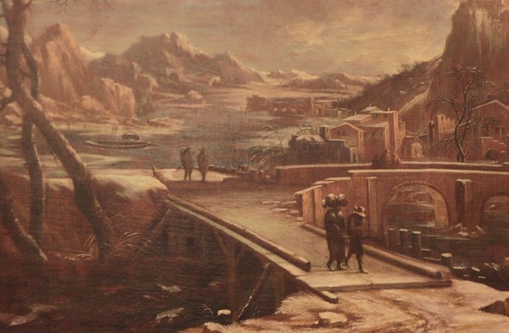 Antico grande quadro olio su tela del 1600 Nord Europa veduta di città