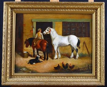 Antico quadro del 1800 inglese olio su tela Bambino a cavallo
