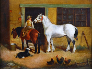 Antique 19th century English oil painting on canvas Child on horseback
