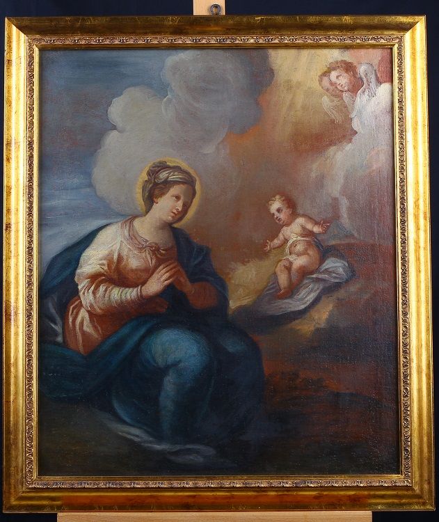 Huile sur toile italienne antique adorant la Madone avec l'enfant Jésus