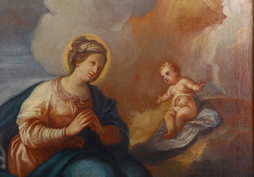 Huile sur toile italienne antique adorant la Madone avec l'enfant Jésus
