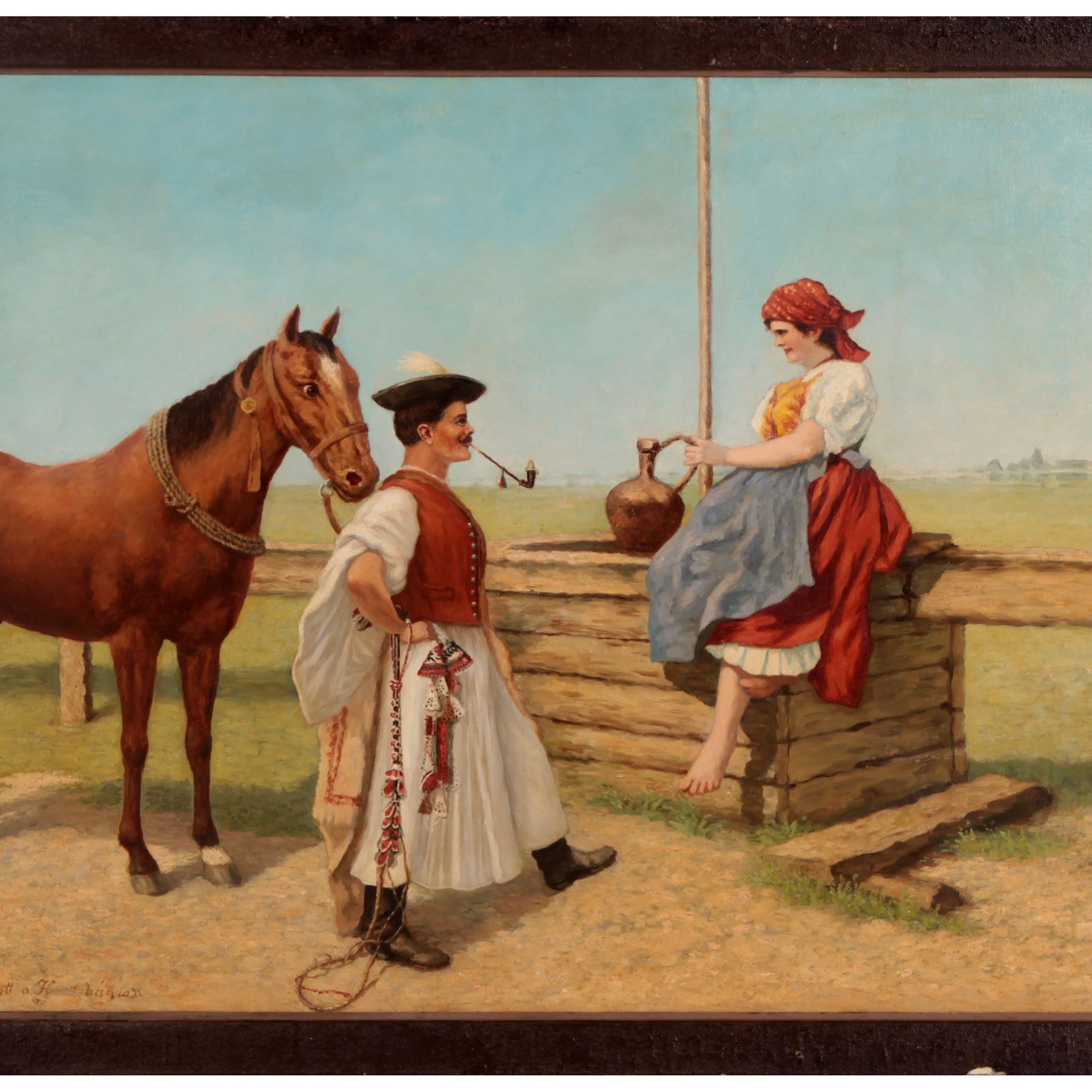 Huile sur toile de 1800 représentant un homme, un cheval et une femme