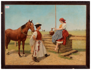 Ancient Eastern European oil painting from 1800 depicting a man, horse and woman