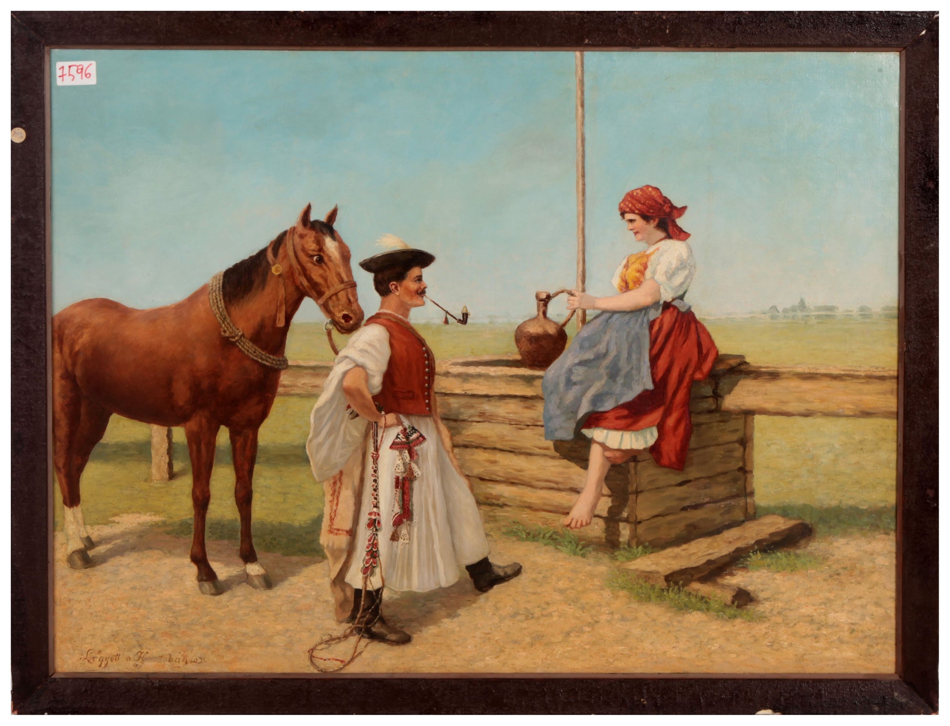 Antico quadro est europa del 1800 raffigurante un uomo cavallo e donna