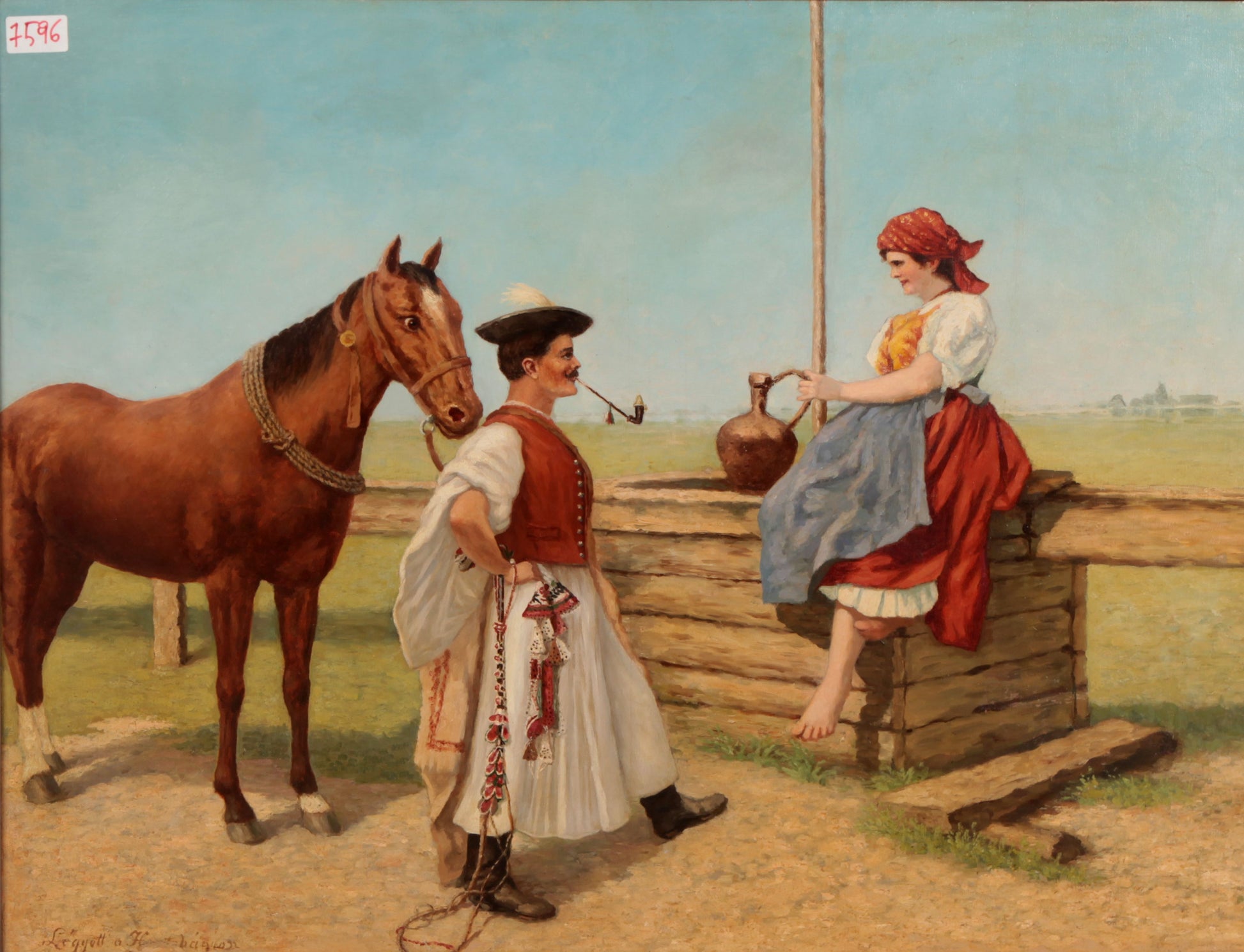 Antico quadro est europa del 1800 raffigurante un uomo cavallo e donna