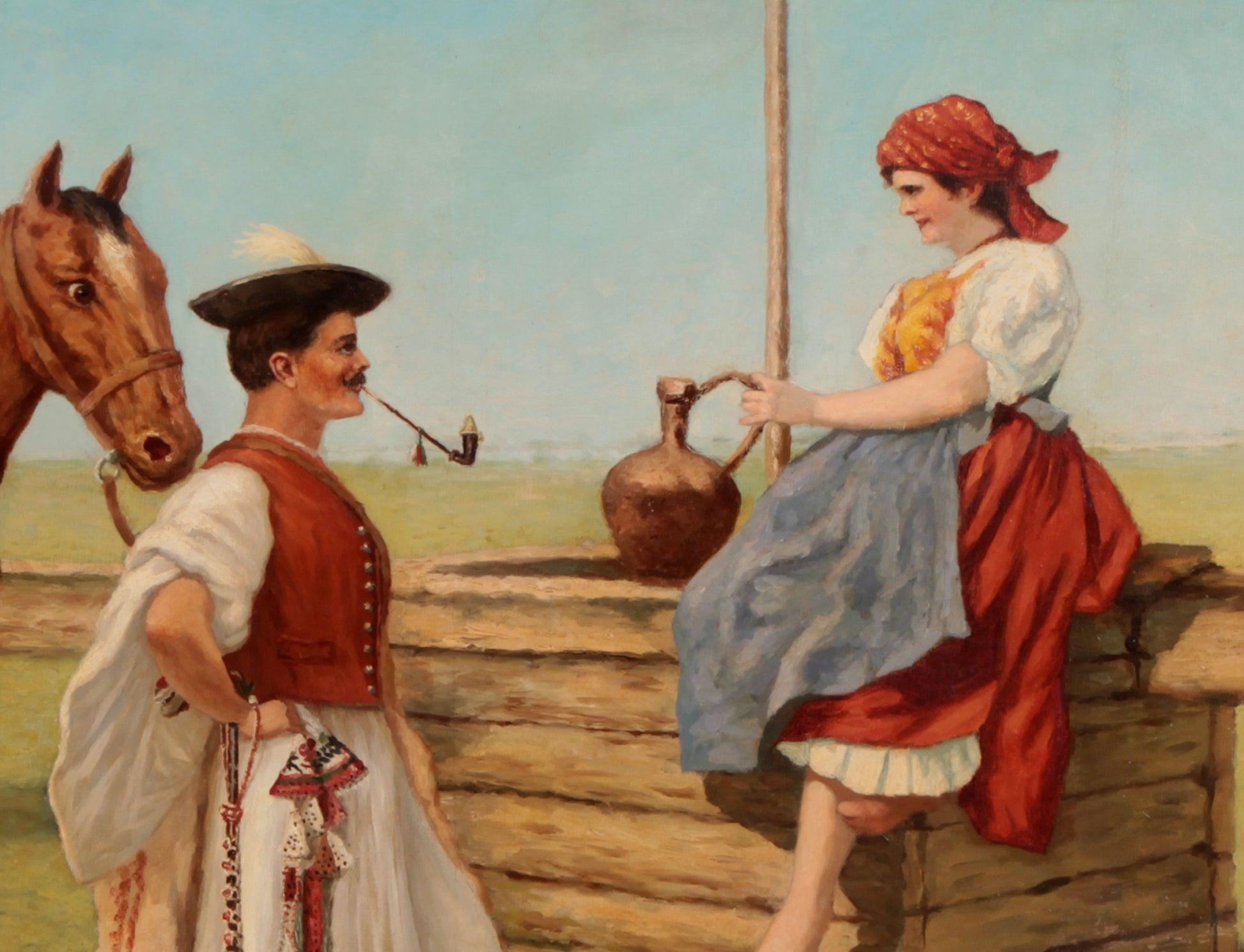 Antico quadro est europa del 1800 raffigurante un uomo cavallo e donna