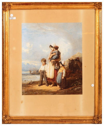 Aquarelle française antique de 1800 femme avec enfants