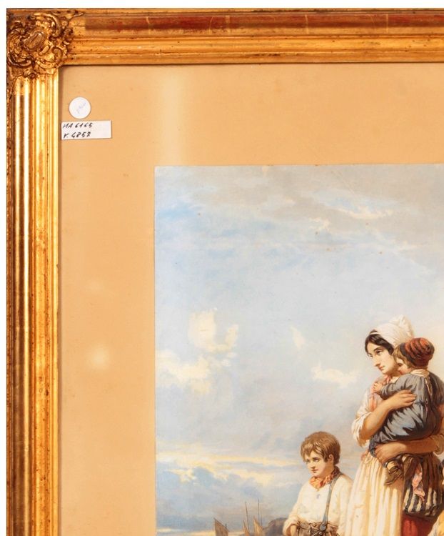 Antica stampa acquerellata francese del 1800 donna con bambini