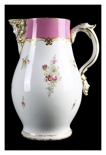 Graziosa brocca in porcellana manifattura Vecchia Parigi 1800 bianca e rosa con delicati decori a motivi floreali policromi