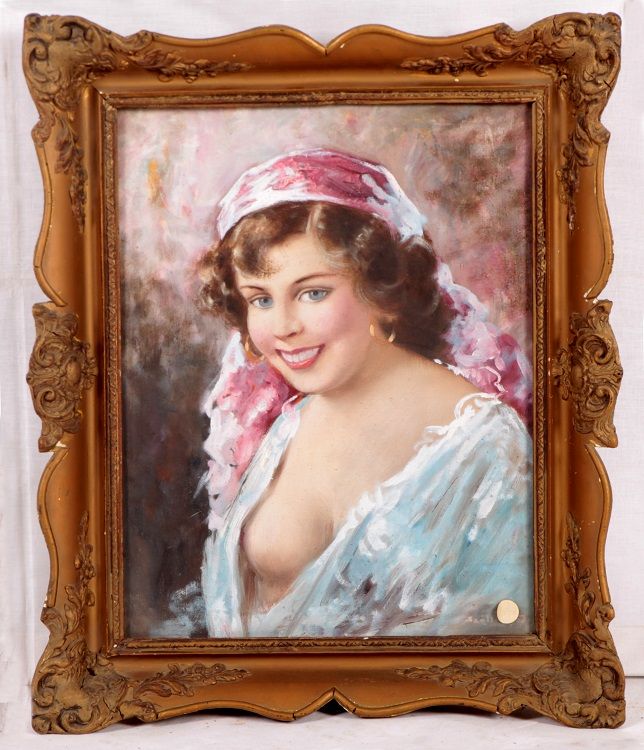 Antique oil on canvas from 1800-1900 depicting a young woman
