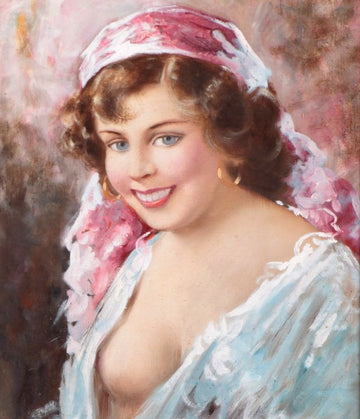 Huile sur toile ancienne des années 1800 représentant une jeune femme