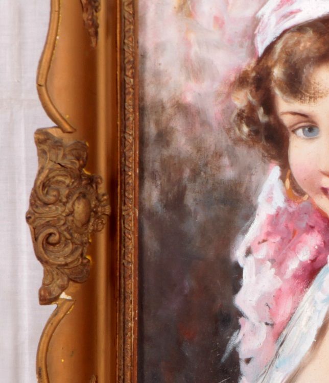 Antico olio su tela del 1800 1900 raffigurante giovane donna 