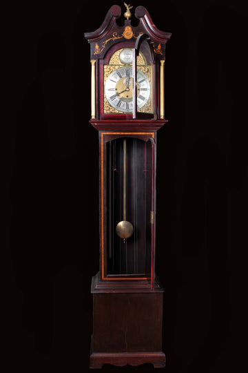 Orologio a colonna in mogano intarsiato quadrante TEMPUS FUGIT firmato J.R. OGDEN Harrogate.