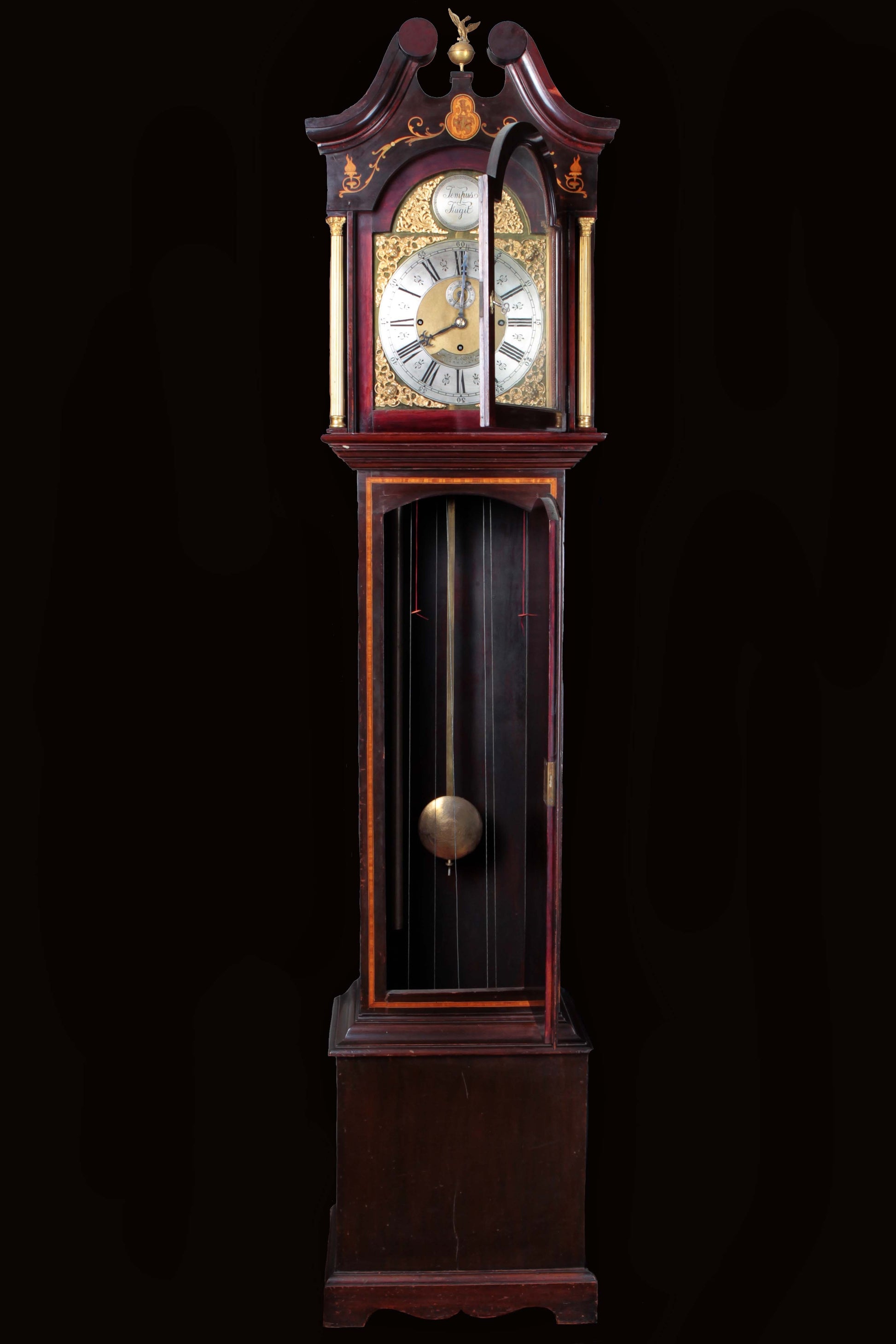 Antico orologio a colonna inglese in mogano intarsiato filettato 1800