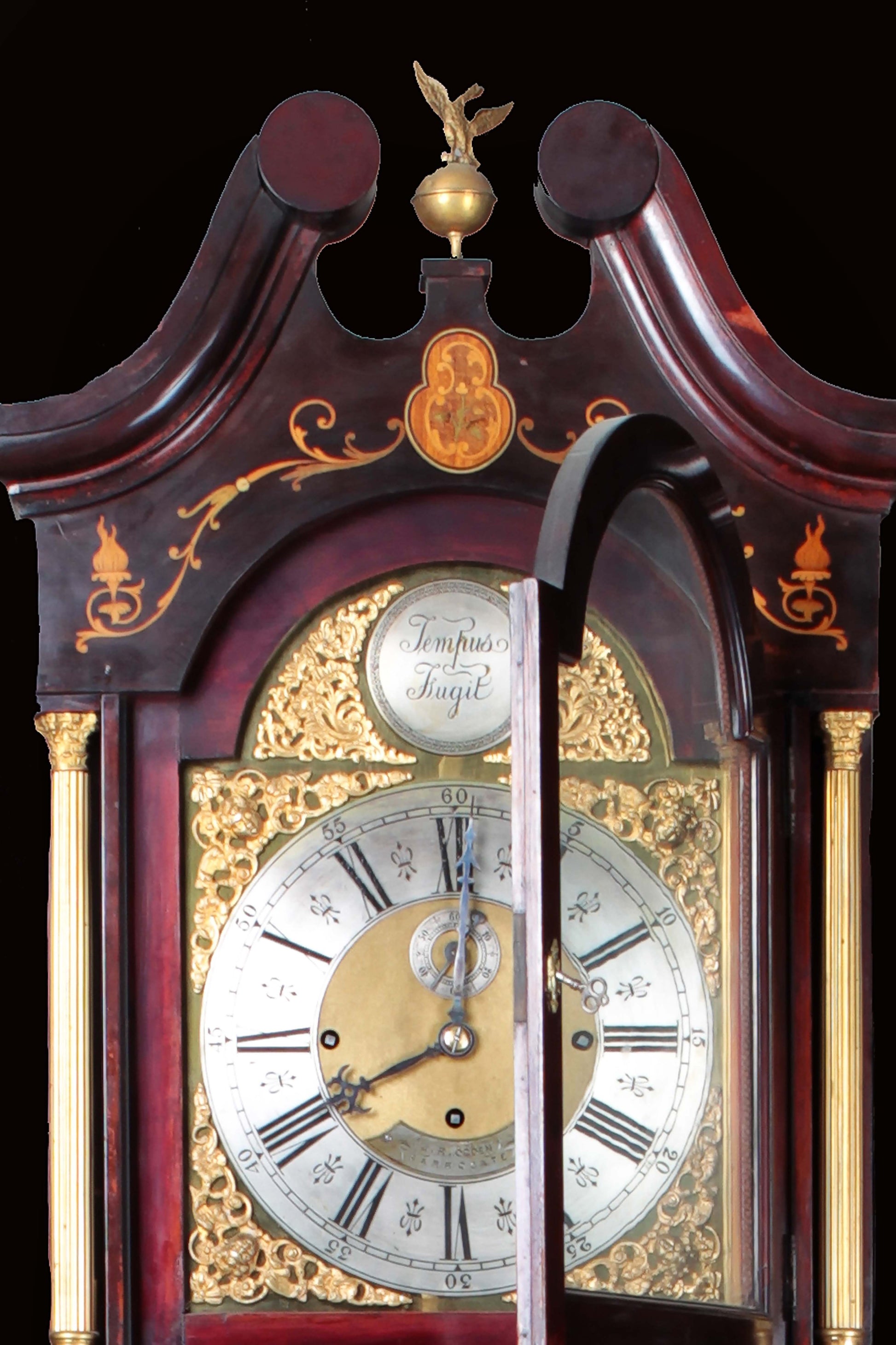 Antico orologio a colonna inglese in mogano intarsiato filettato 1800