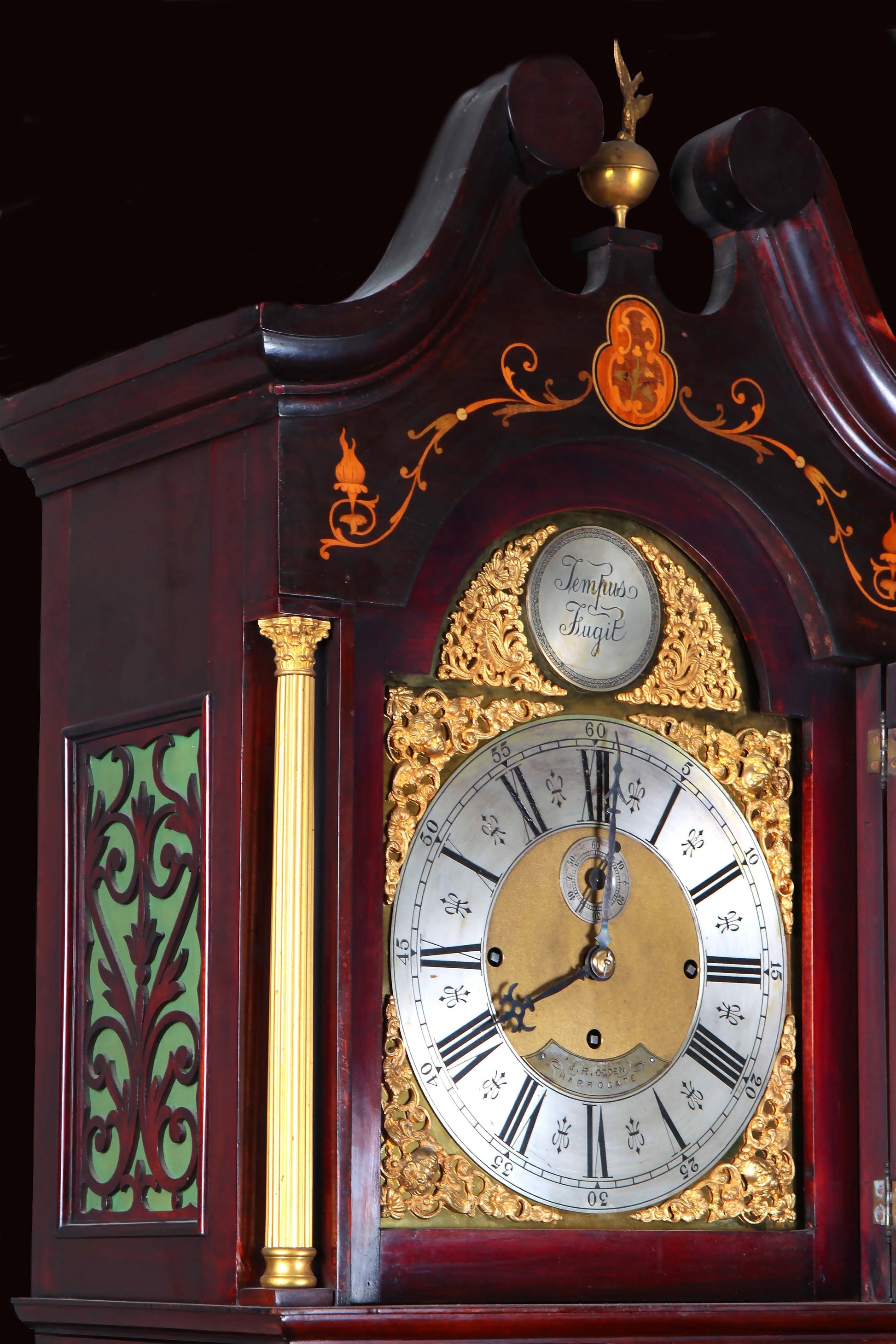 Antico orologio a colonna inglese in mogano intarsiato filettato 1800