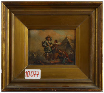 Ancient English Oil on metal from 1800 depicting a camp and men