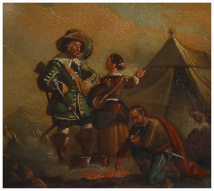 Antico quadro inglese del 1800 raffigurante accampamento e uomini