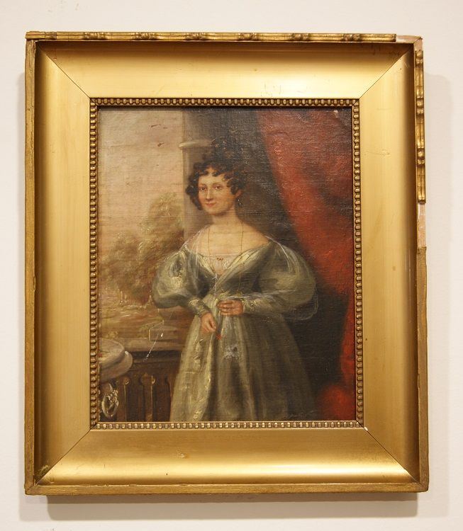 Antico quadro inglese del 1800 olio su tavola raffigurante dama