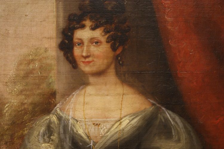 Antico quadro inglese del 1800 olio su tavola raffigurante dama