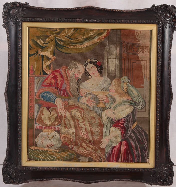 Peinture anglaise ancienne brodée au petit point des années 1800