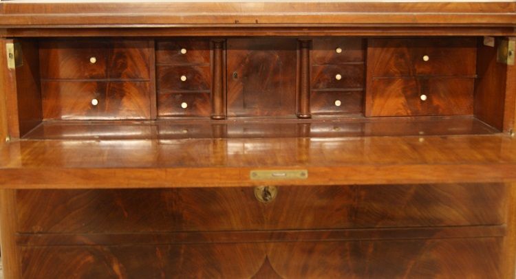 Antico comò del 1800 stile Biedermeier in mogano e piuma di mogano