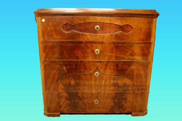 Antique 19th century Biedermeier style chest of drawers in mahogany and mahogany feather