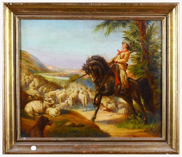 Antique English oil painting from 1900, oil on canvas, signed shepherd with flock
