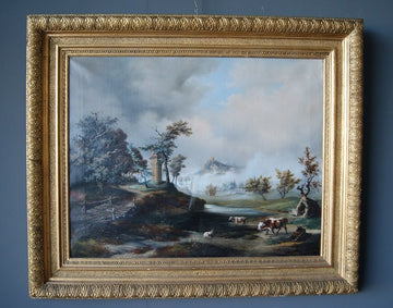 Huile sur toile de paysage anglais de 1800 signé cadre doré contemporain