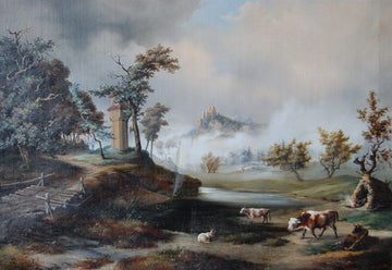 Huile sur toile de paysage anglais de 1800 signé cadre doré contemporain