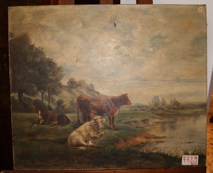 Olio su tela inglese raffigurante paesaggio con animali