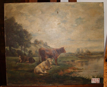Huile sur toile anglaise représentant un paysage avec des animaux